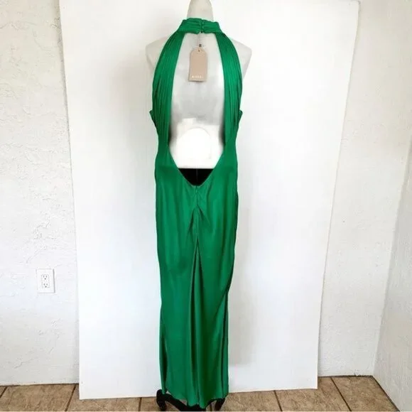 MESHKI Satin Drape Back Maxi Dress with Split - Green XLarge NEW - Picture 5 of 9
